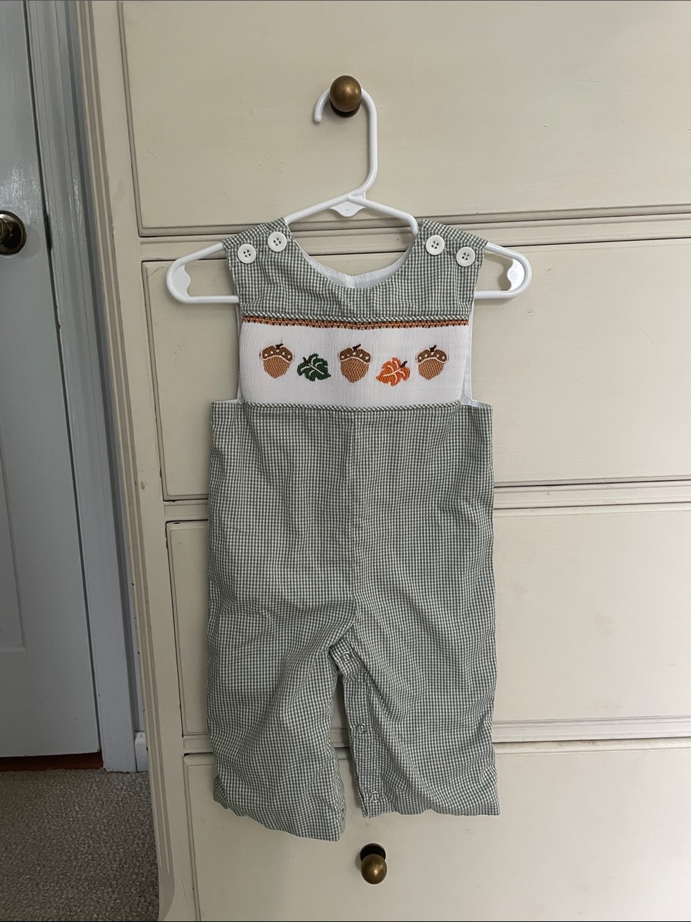 Green Check Toddler Smocked Longall with Autumn Embroidery